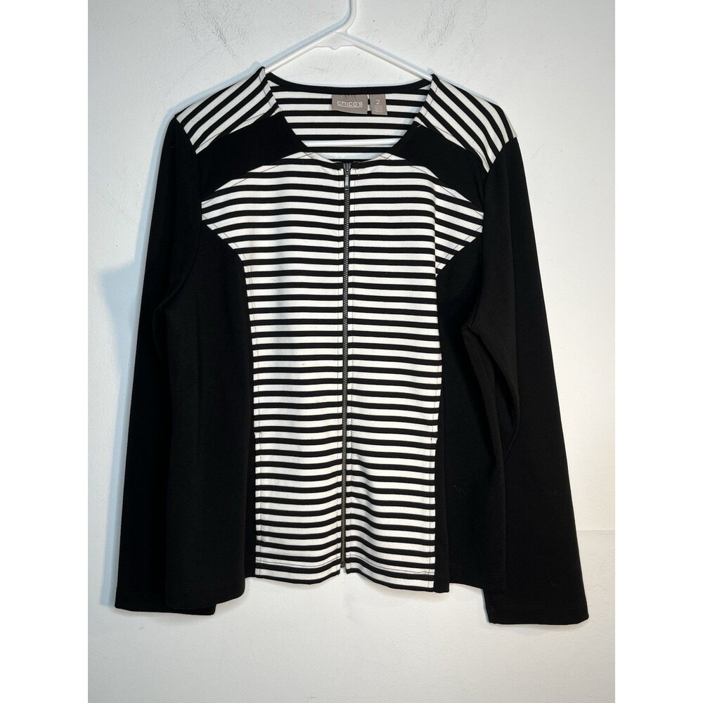 Chicos Nautical Stripes Black White Zipper Blazer Top Blouse sz 2 / L (15)